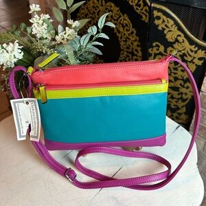 CHARLESTON LEATHERGOODS Purse Bag Tote Crossbody 3 Zipper Colorful Leather NWT